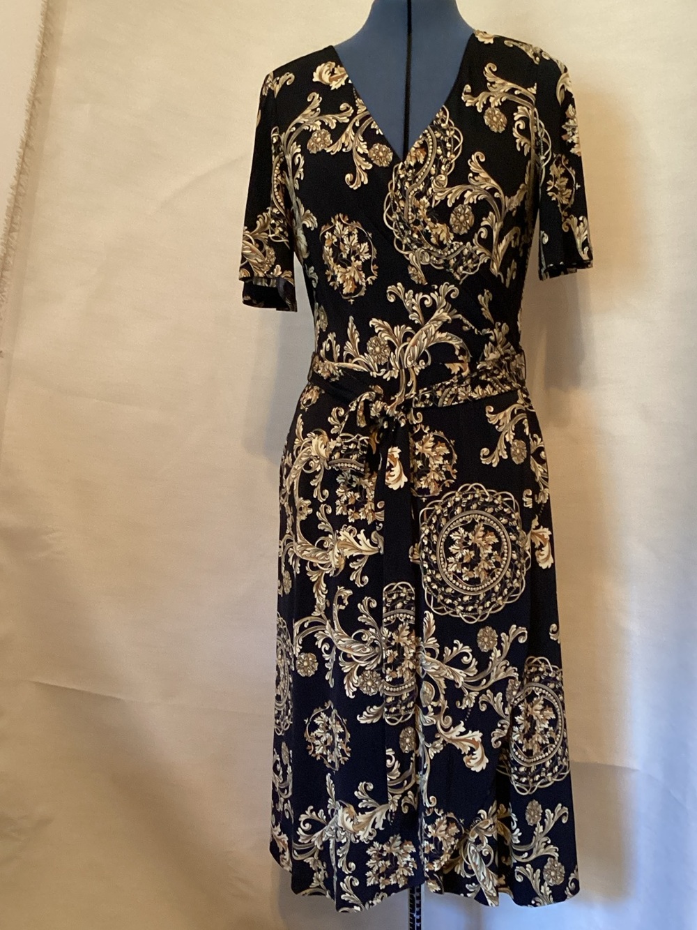Donna Morgan Black Midi Wrap Dress with Gold Baroque Print